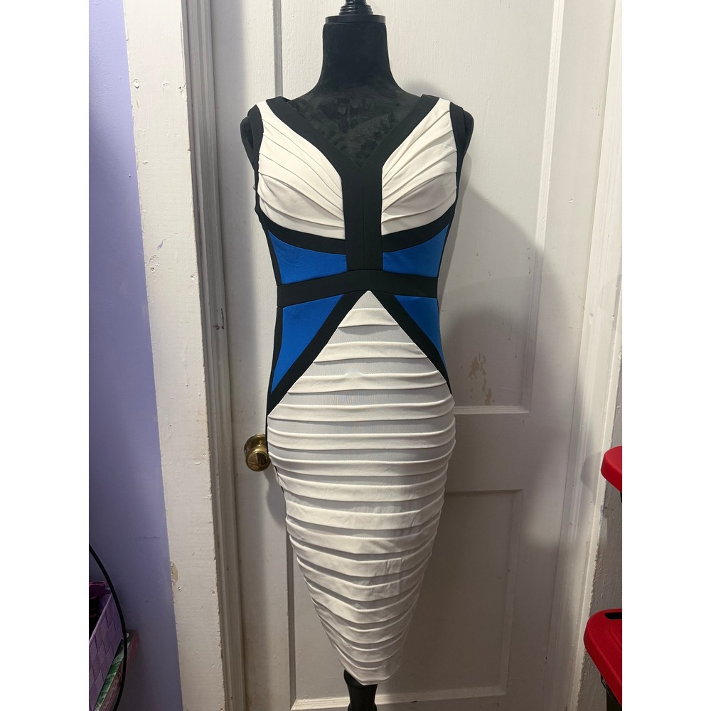 Jax White Black and Blue Bandage Dress Colorblock Pleated Mesh Bodycon Size 2